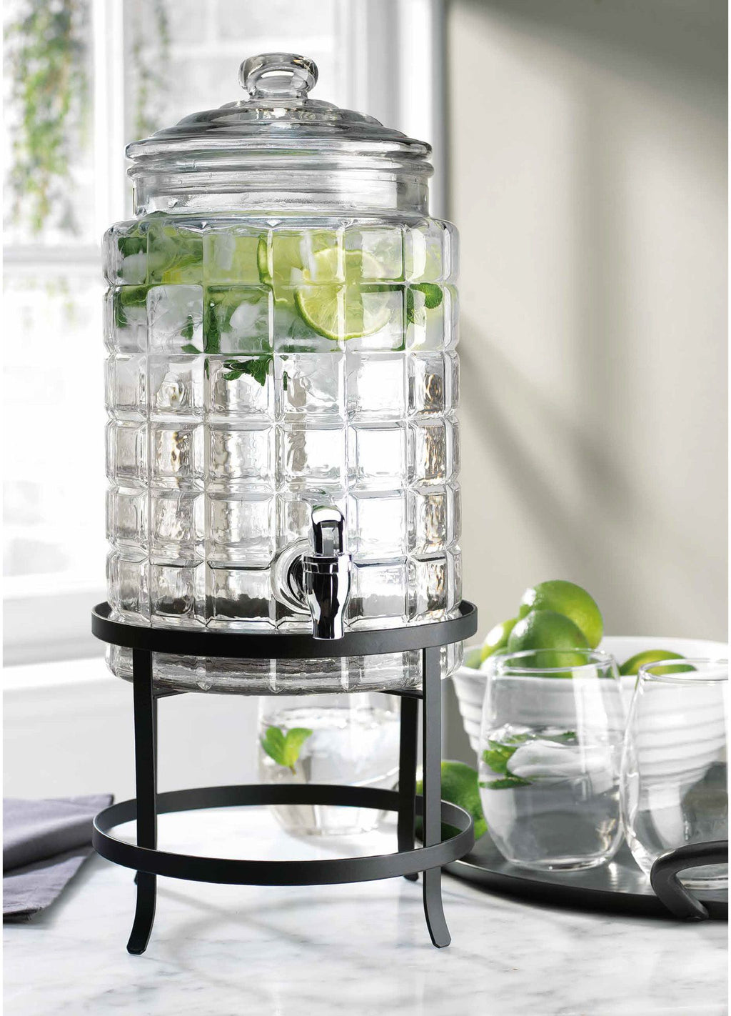 2 Gallon Stacking Beverage Dispenser with Lid - Hammered Glass