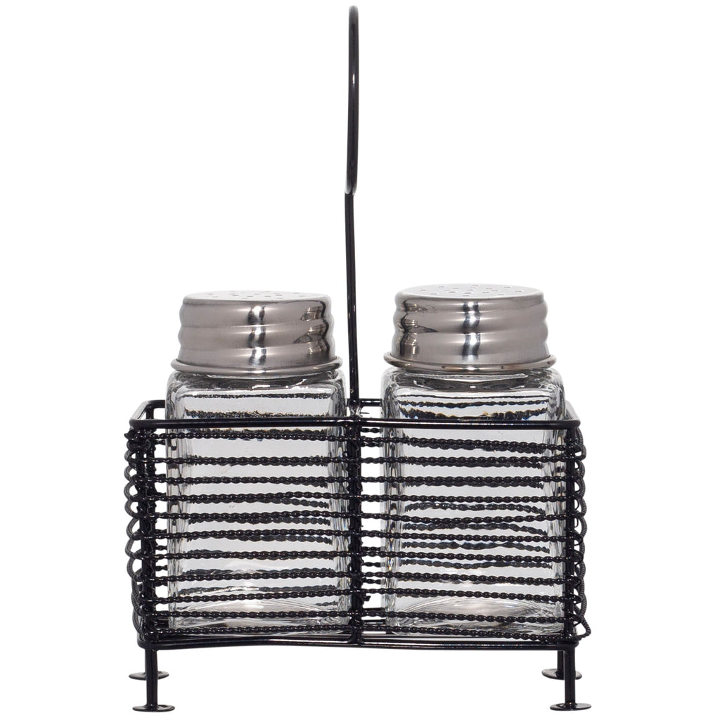 SALT AND PEPPER SHAKERS WITH BLACK WIRE CADDY