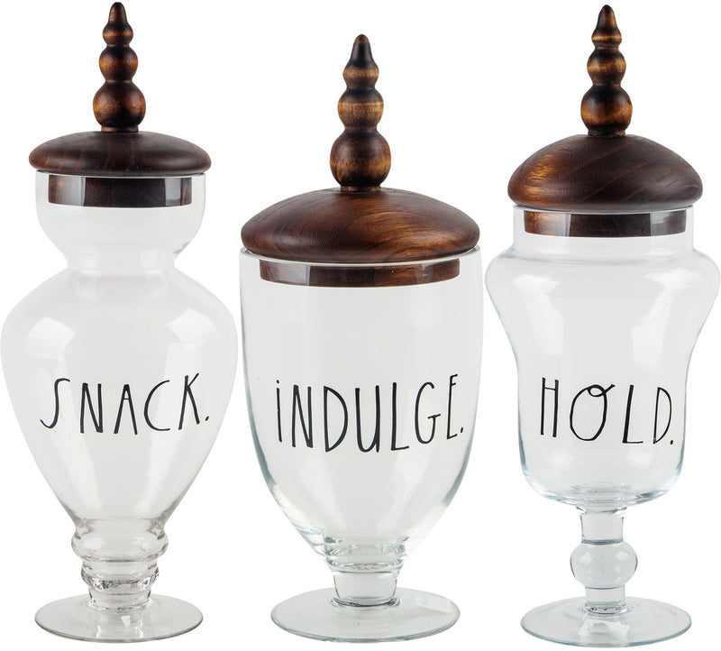 RAE DUNN S/3 LARGE APOTHECARY JARS 'HOLD' 'SNACK' 'INDULGE'