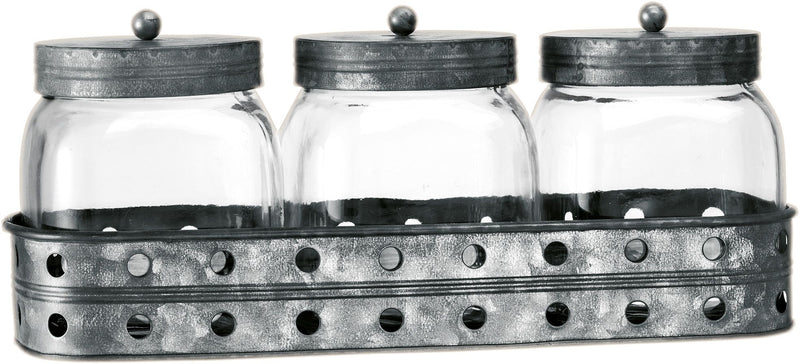 FIDDLE & FERN S/3 GLASS CANISTERS ON BLACK GALVANIZED BASE