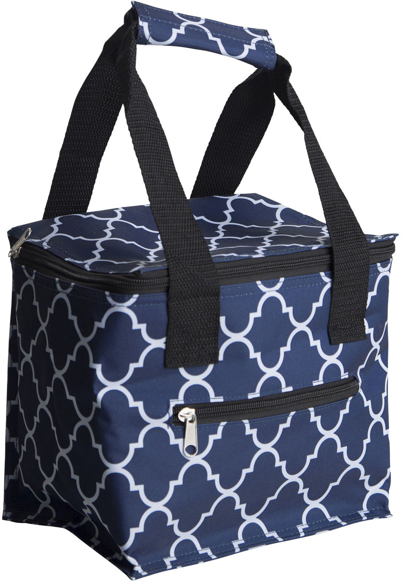 NAVY BLUE & WHITE FRET PATTERN INSULATED LUNCH TOTE