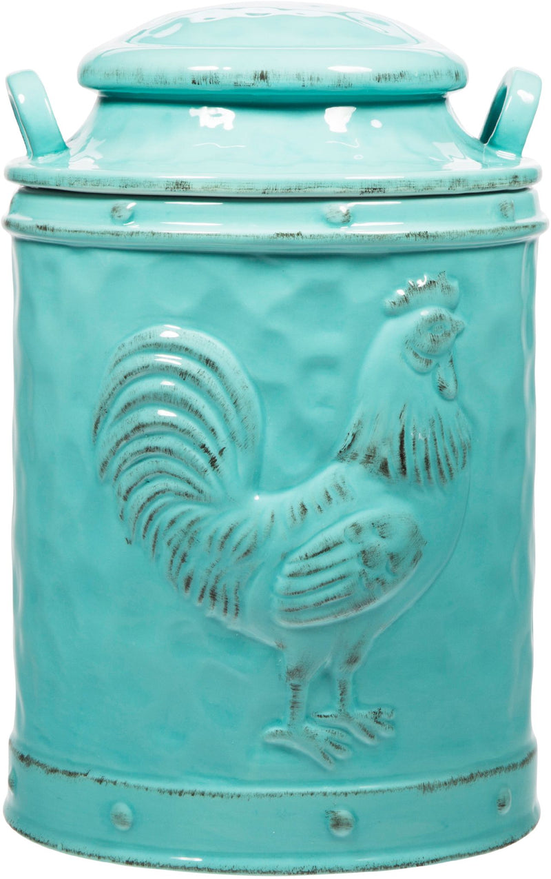 88 OZ AQUA MEDIUM ROOSTER EMBOSSED CANISTER WITH HANDLES