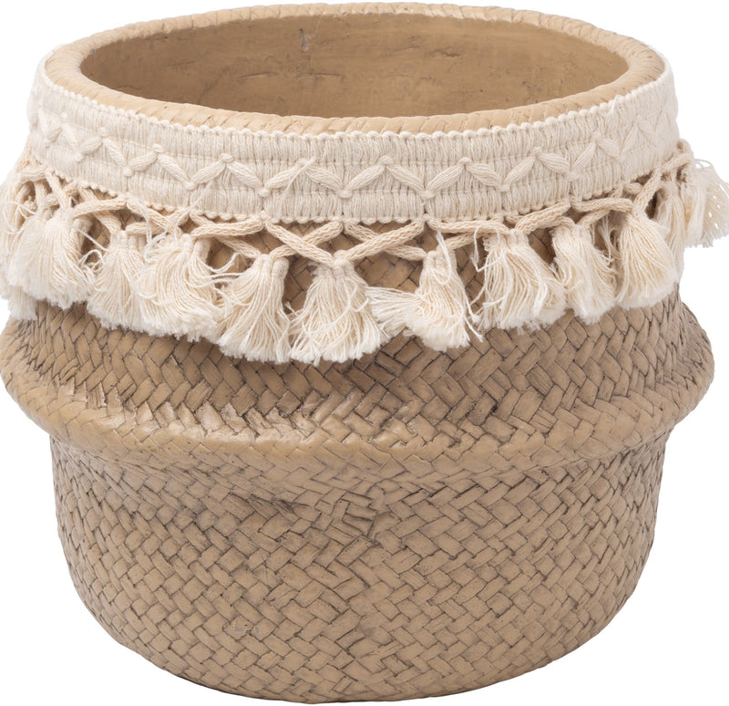 9"H CEMENT PLANTER WITH BASKET WEAVE EMBOSSED PATTERN