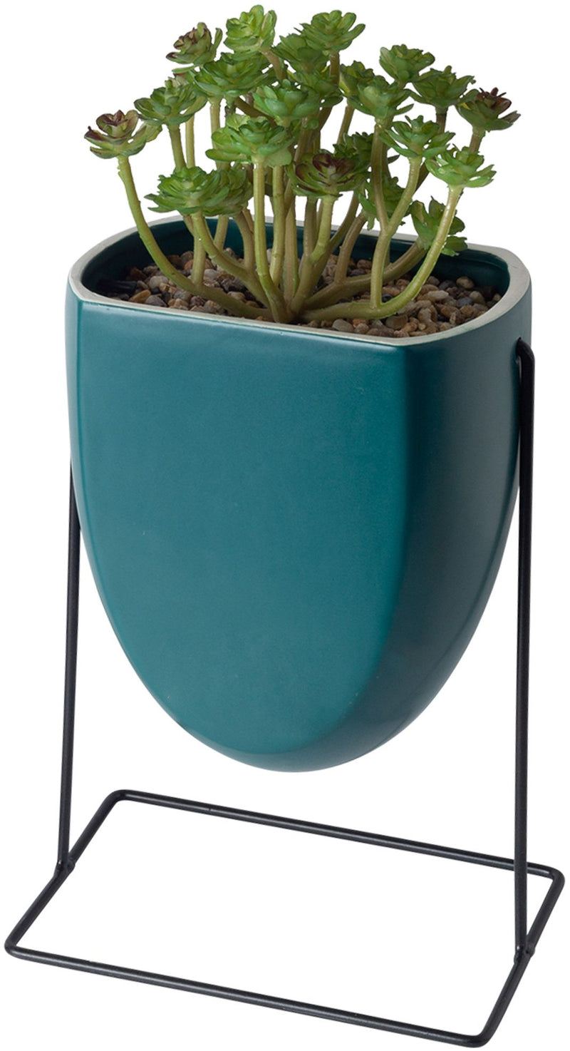 9"H TEAL PLANTER SUCCULENT ON METAL STAND