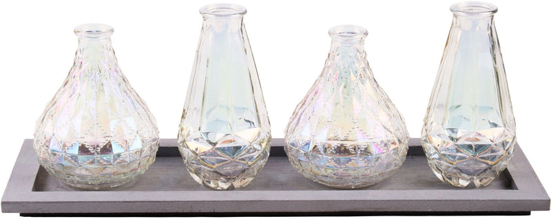 5 PIECE GLASS VASE SET IRIDESCENT FINISH W/WOOD TRAY