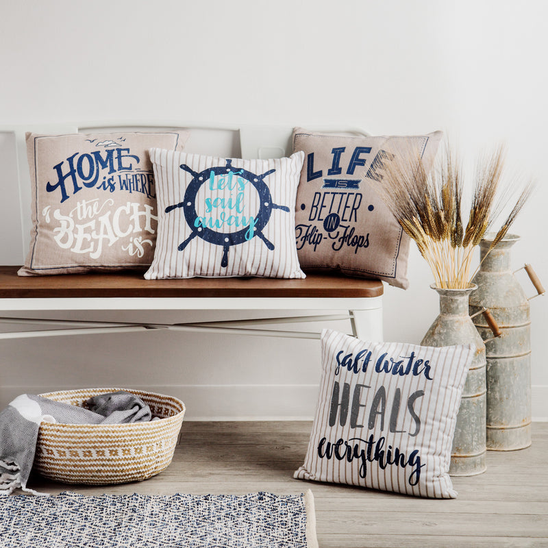 PRINTED PILLOW 'HOME IS WHERE THE BEACH IS' W/EMBROIDERED