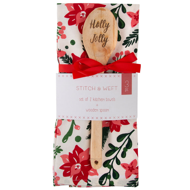 HOLIDAY 3 PIECE KITCHEN TOWEL AND SPOON "POINSETTIAS"