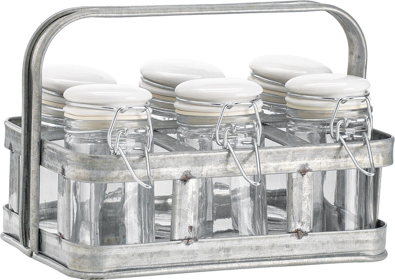 FIDDLE & FERN SPICE JARS WITH GALVANIZED CADDY