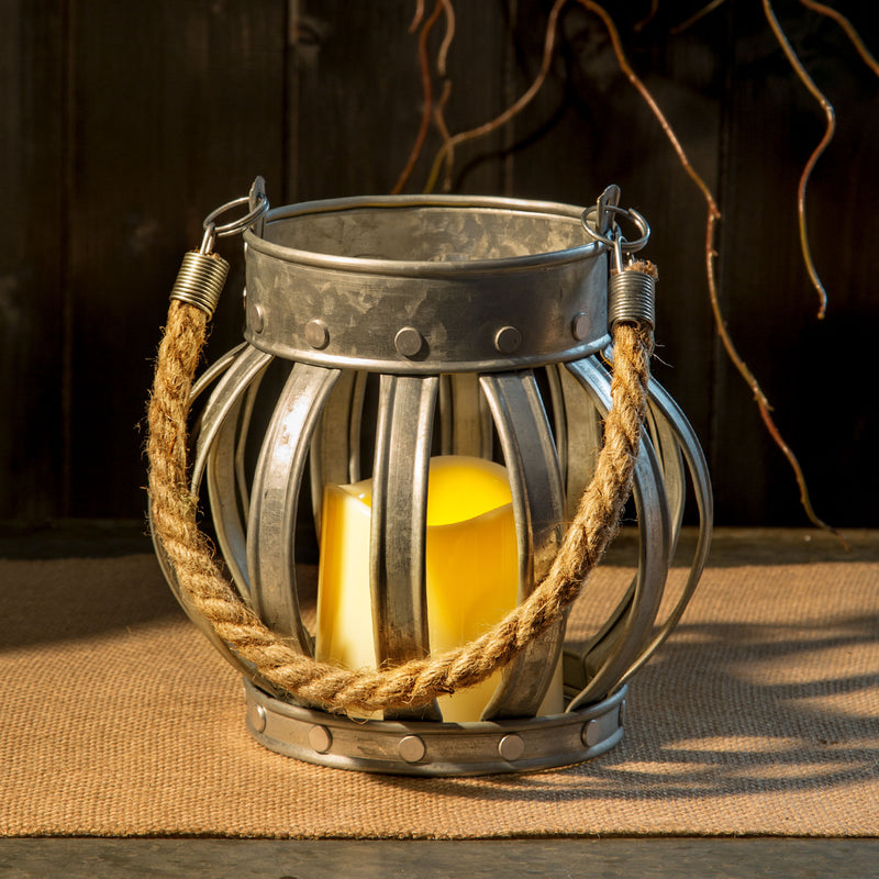7"D GALVANIZED LANTERN WITH GLASS INSET & ROPE HANDLE