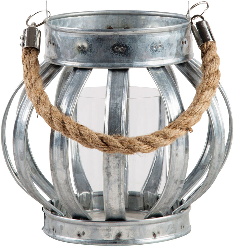 7"D GALVANIZED LANTERN WITH GLASS INSET & ROPE HANDLE