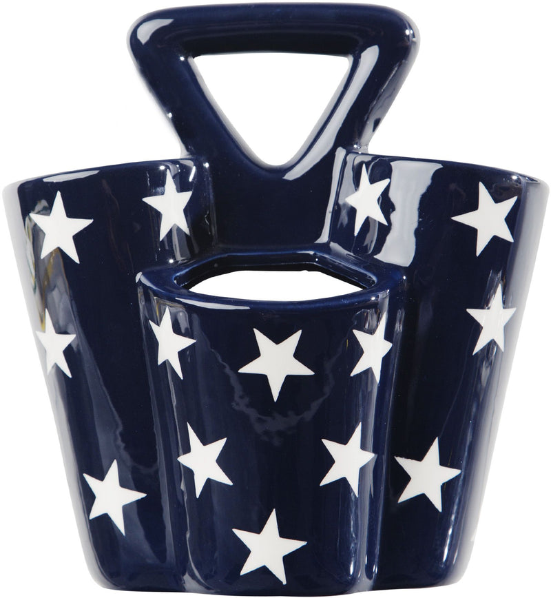 CERAMIC 4-SECTION CADDY W/HANDLE WHITE STARS ON INDIGO