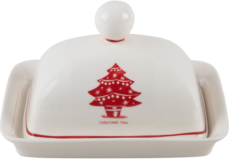 7"L MOLLY HATCH CHRISTMAS TREE DESIGN COVERED BUTTER DISH