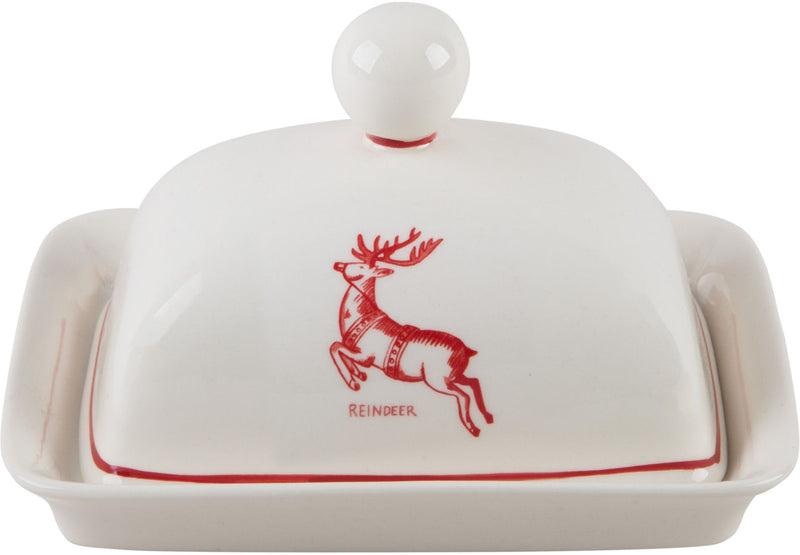7"L MOLLY HATCH REINDEER DESIGN COVERED BUTTER DISH
