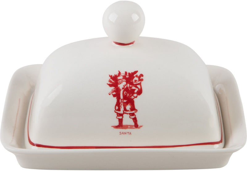 7"L MOLLY HATCH SANTA DESIGN COVERED BUTTER DISH