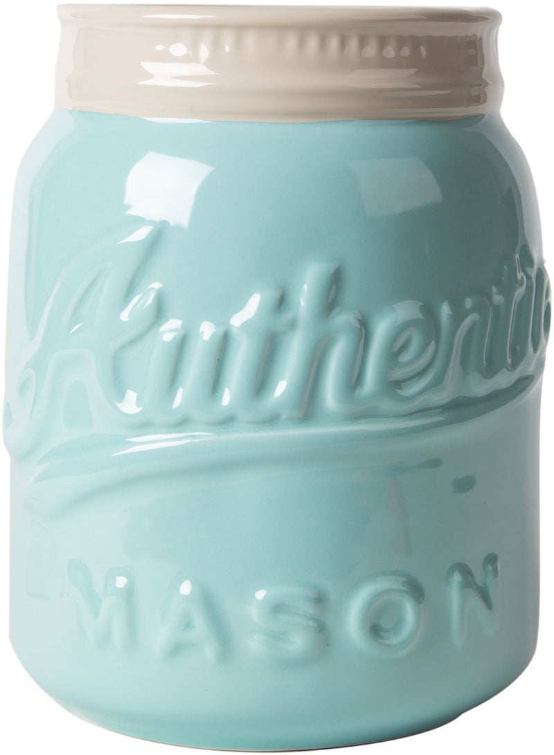 7"H AUTHENTIC MASON AQUA UTENSIL CROCK