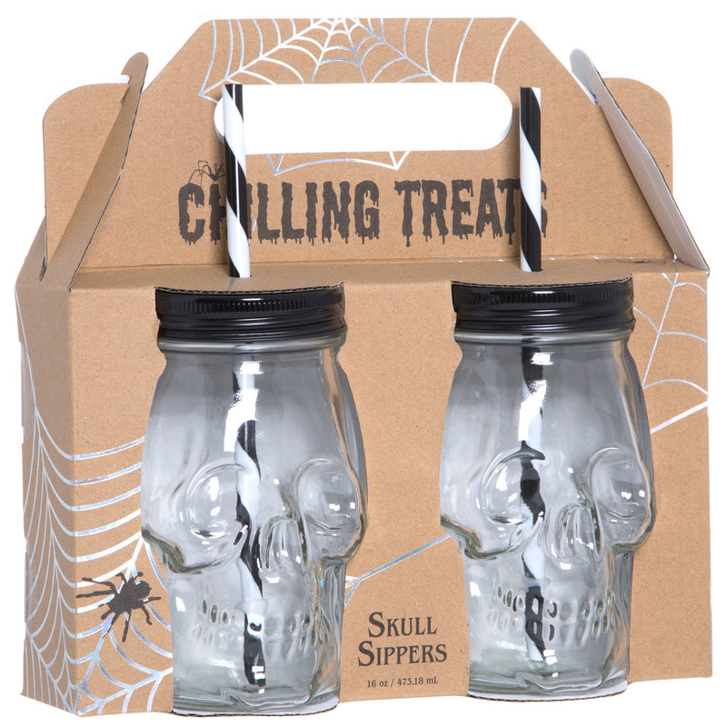 HALLOWEEN S/2 CLEAR SKULL SIPPERS W/STRAWS