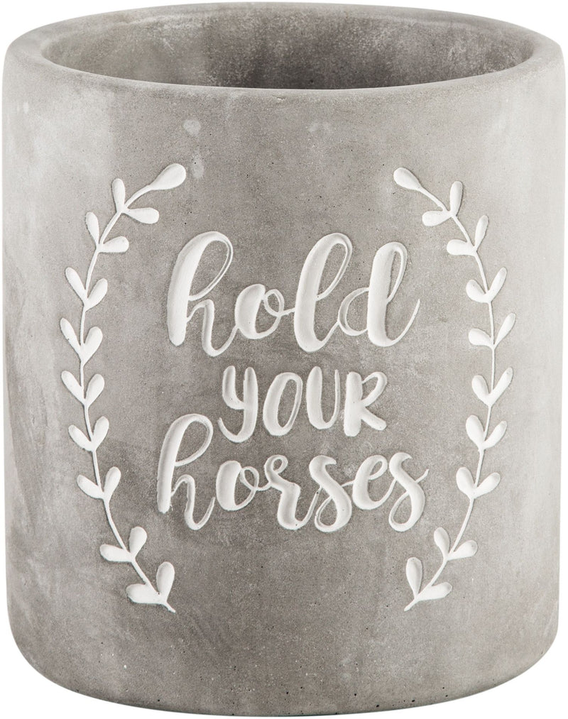6"D ROUND 'HOLD YOUR HORSES' WITH LEAVES UTENSIL CROCK