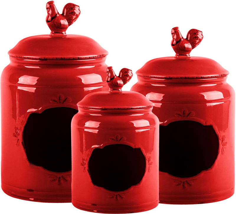 SET OF 3 RED CHALKBOARD ROOSTER CANISTERS GB