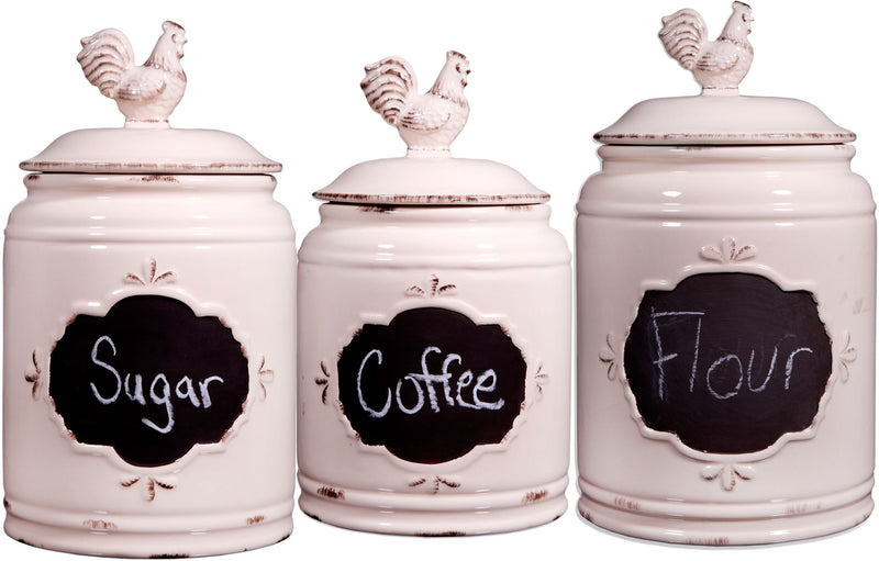 SET OF 3 IVORY ANTIQUE CHALKBOARD ROOSTER CANISTERS GB
