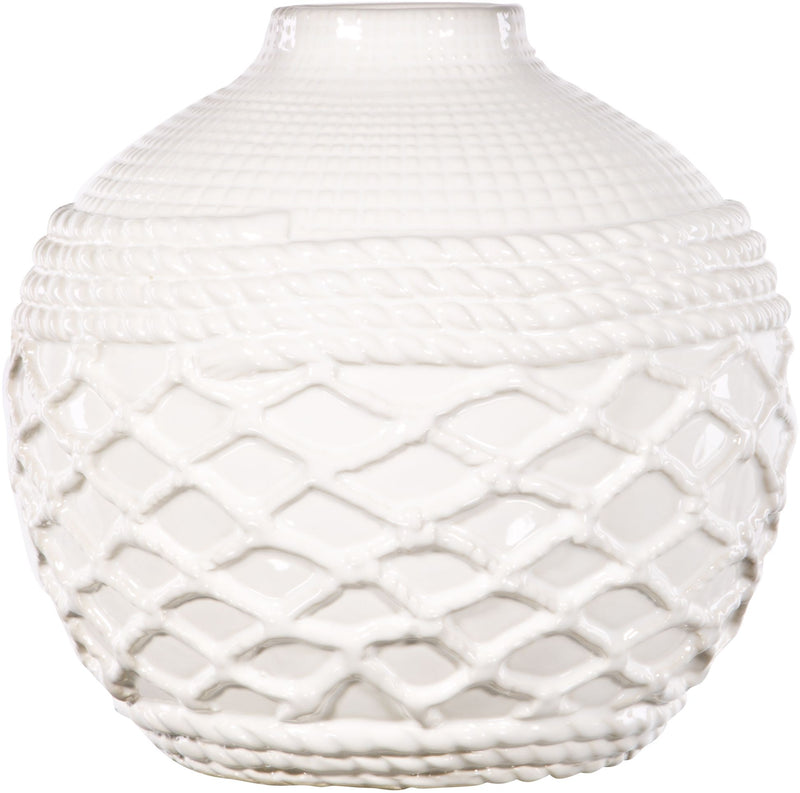 8"H PURE WHITE ROUND COASTAL ROPE VASE