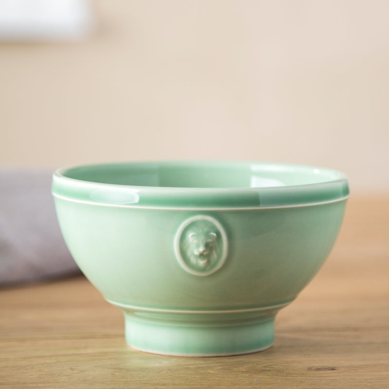 CELADON LIONS HEAD MEDALLION FOOTED CEREAL BOWLS