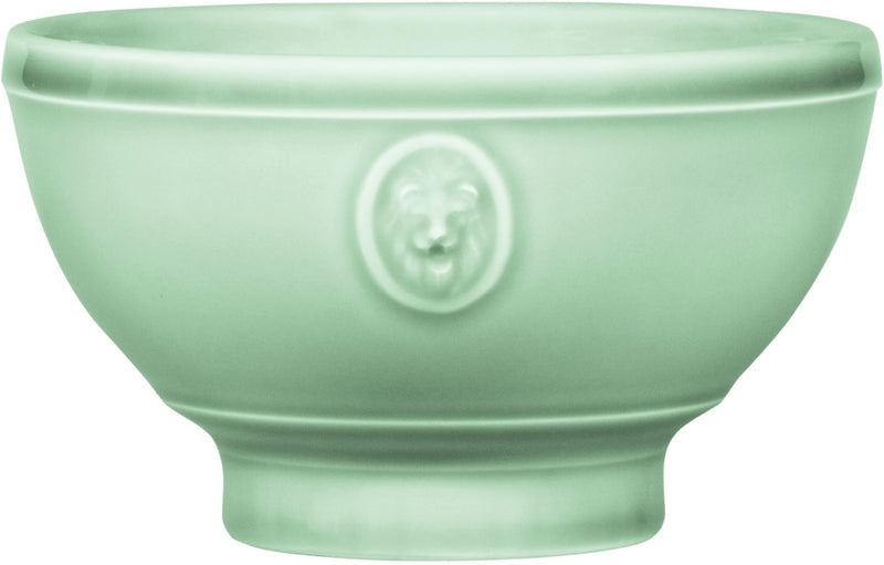 CELADON LIONS HEAD MEDALLION FOOTED CEREAL BOWLS