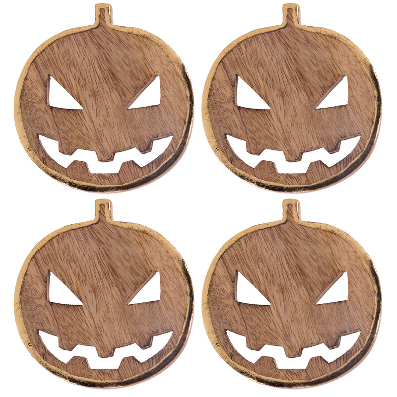 S/4 5"D JACK-O-LANTERN NATURAL WOOD COASTERS WITH GOLD EDGE