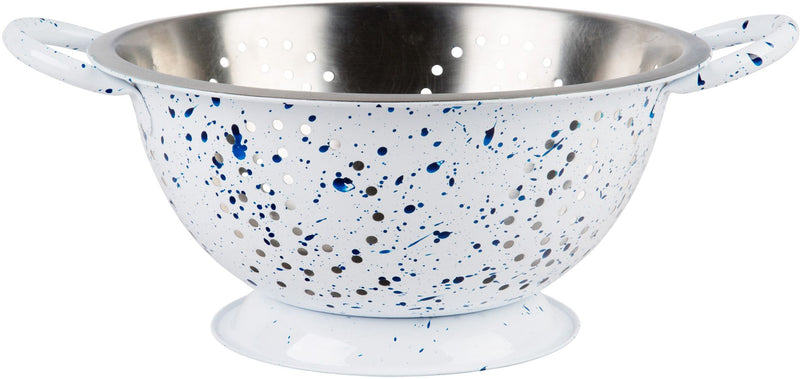 5 QT WHITE WITH BLUE SPECKLED COLANDER WITH STEEL INTERIOR