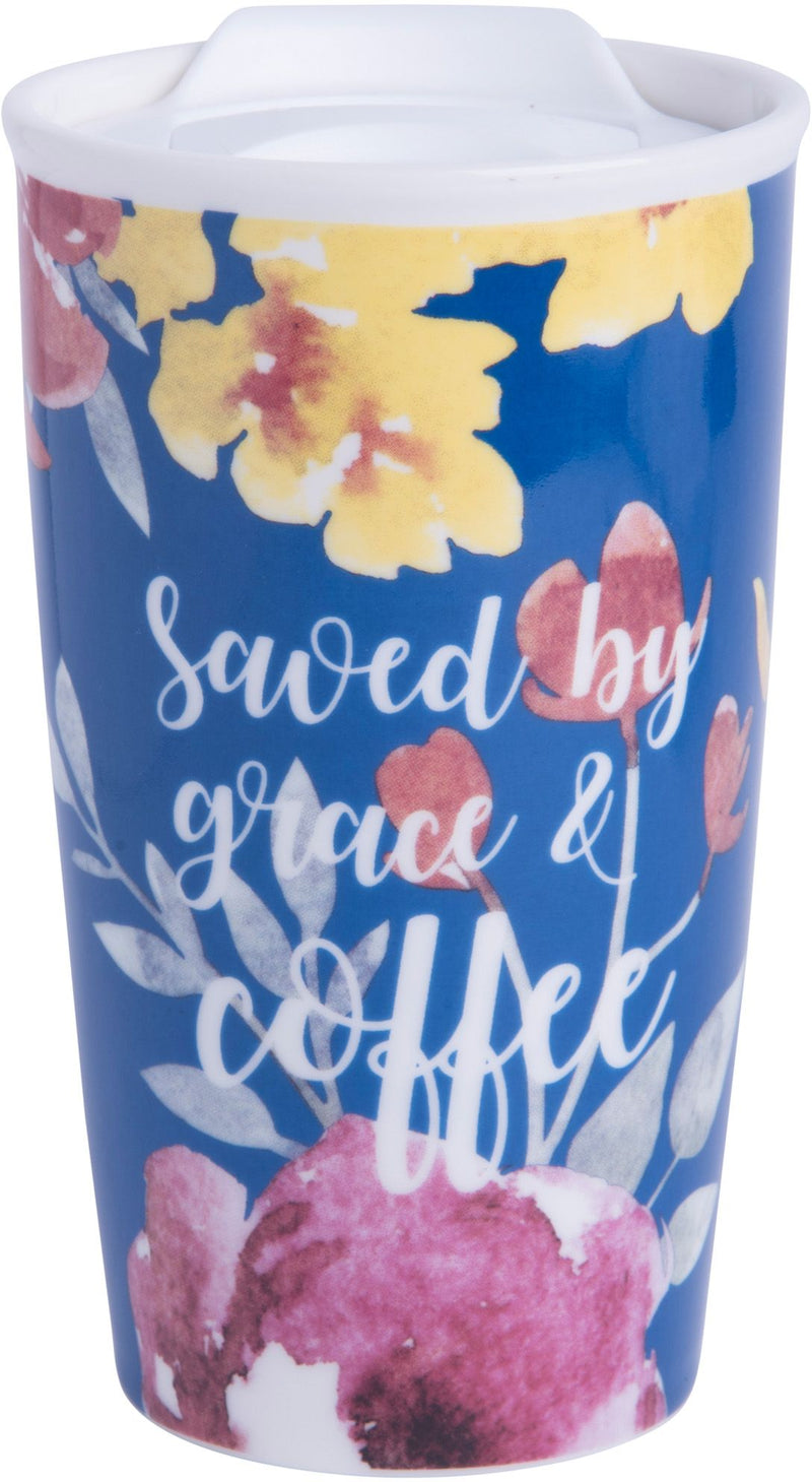 12OZ CERAMIC DOUBLE WALL FLORAL TRAVEL MUG W/PLASTIC LID