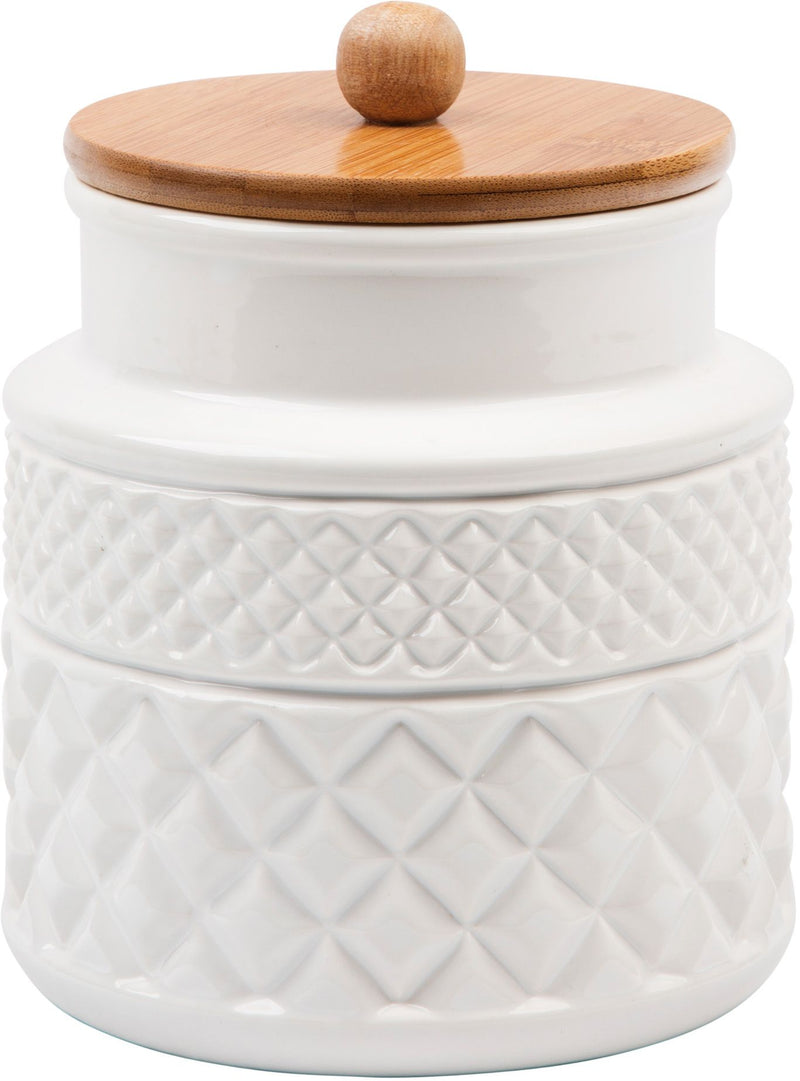 40 OZ ROUND FACETED EMBOSSED OFF WHITE CANISTER BAMBOO LID