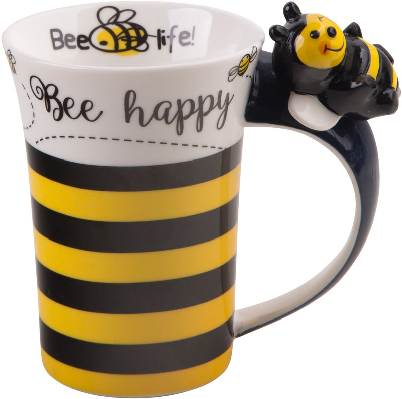 10 OZ BEE HAPPY MUG WITH BEE ON HANDLE