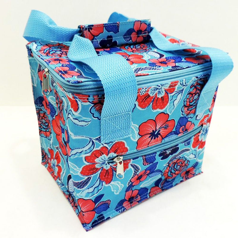 TROPICAL FLORAL BLUE SQUARE LUNCH TOTE
