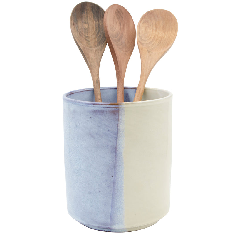 7"H TWO-TONE BLUE REACTIVE AND CAPPUCINO UTENSIL CROCK