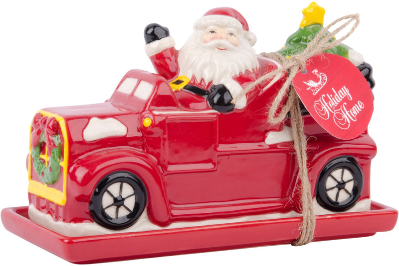 7.5"L SANTA IN RED TRUCK FIGURAL COVERED BUTTER DISH