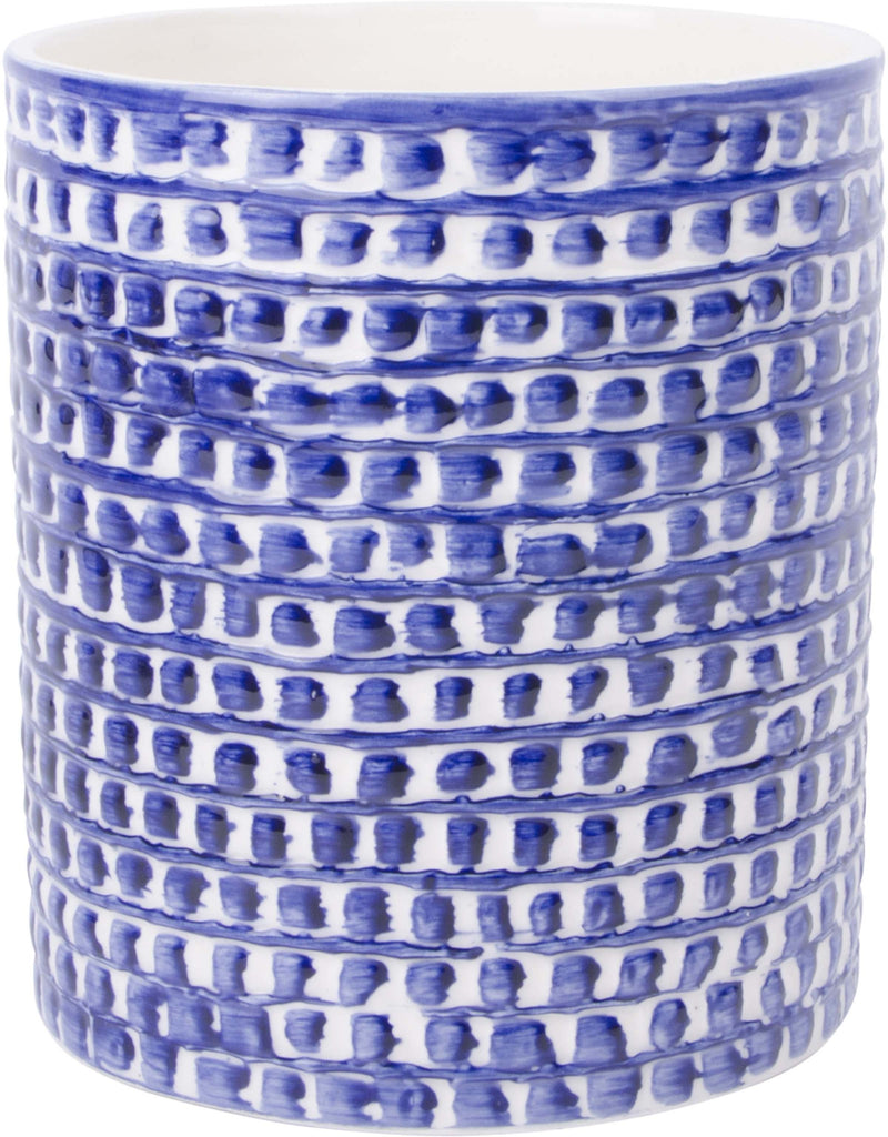 7"H BLUE WASH EMBOSSED DOTS IN LINES ROUND UTENSIL CROCK