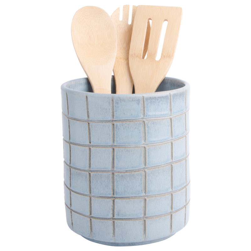 7" H AQUA SCRATCH SQUARES UTENSIL CROCK