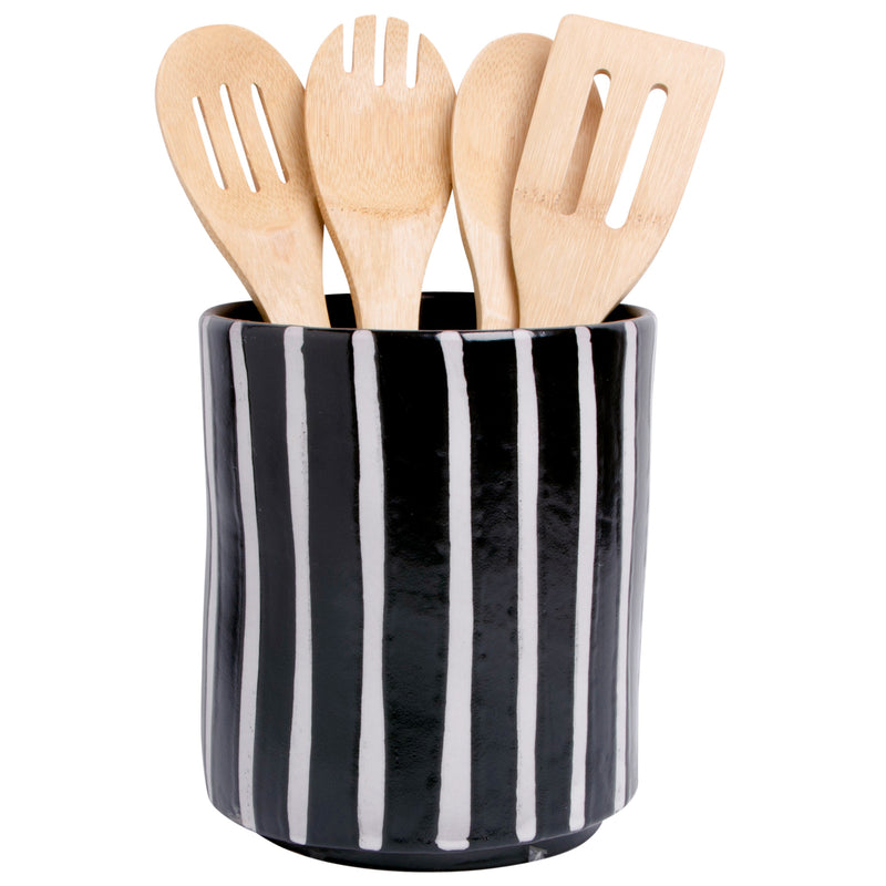 7" H BLACK WITH DEBOSSED WHITE STRIPE UTENSIL CROCK