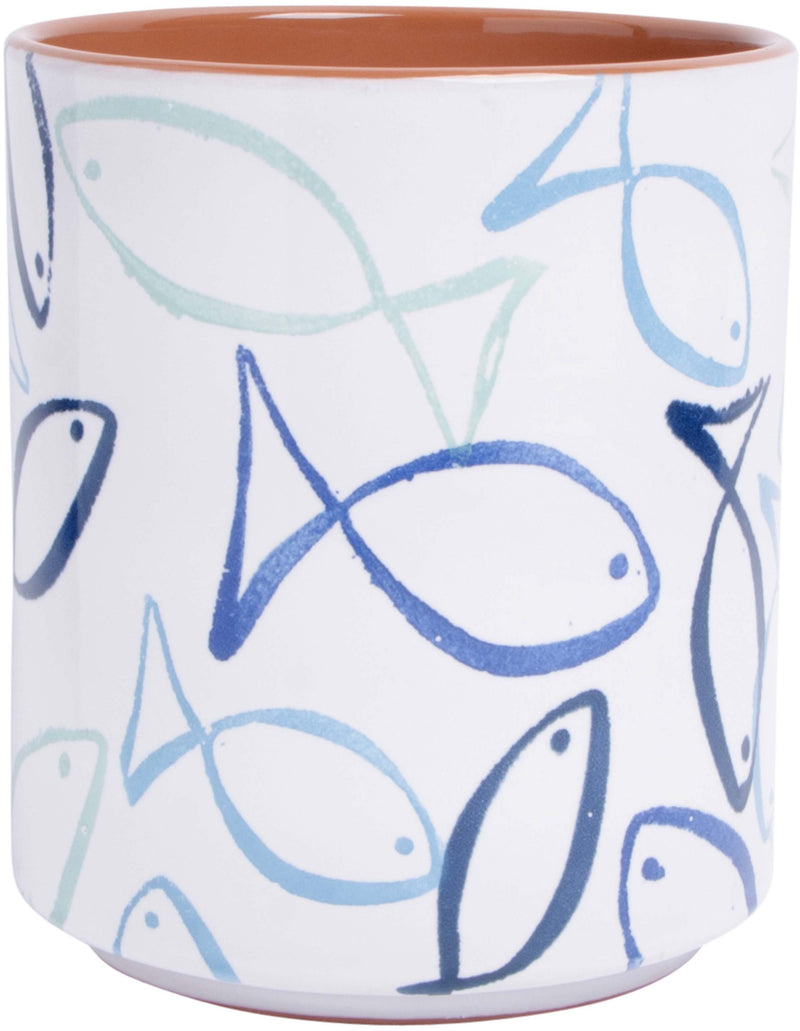 7" H SWIMING FISH IN BLUE DESIGN UTENSIL CROCK