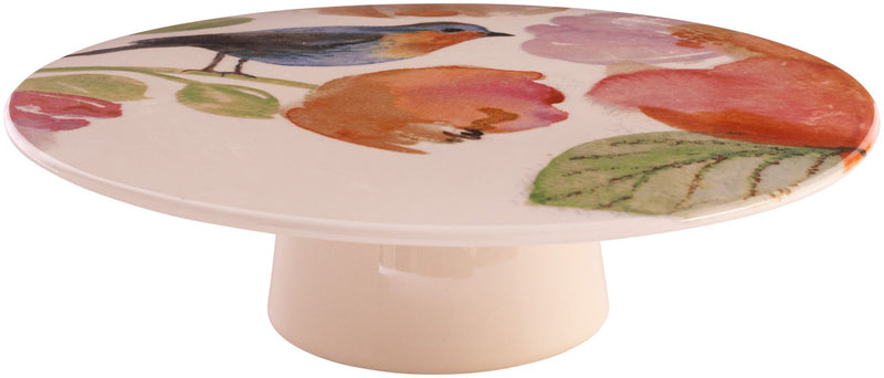 10.5"D BIRD AND FLORAL MULTICOLOR DESIGN FOOTED CAKE STAND