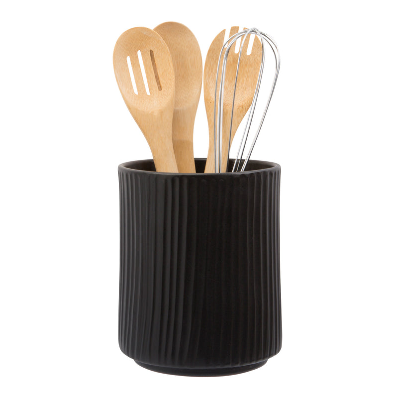 7"H ROUND MATTE BLACK EMBOSSED STRIPES UTENSIL CROCK