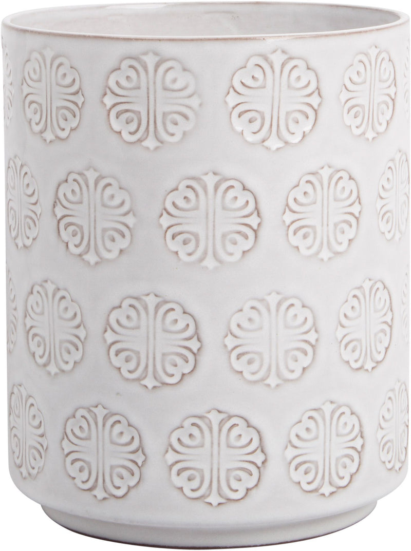 7"D ROUND WHITE MEDALLION RELIEF UTENSIL CROCK