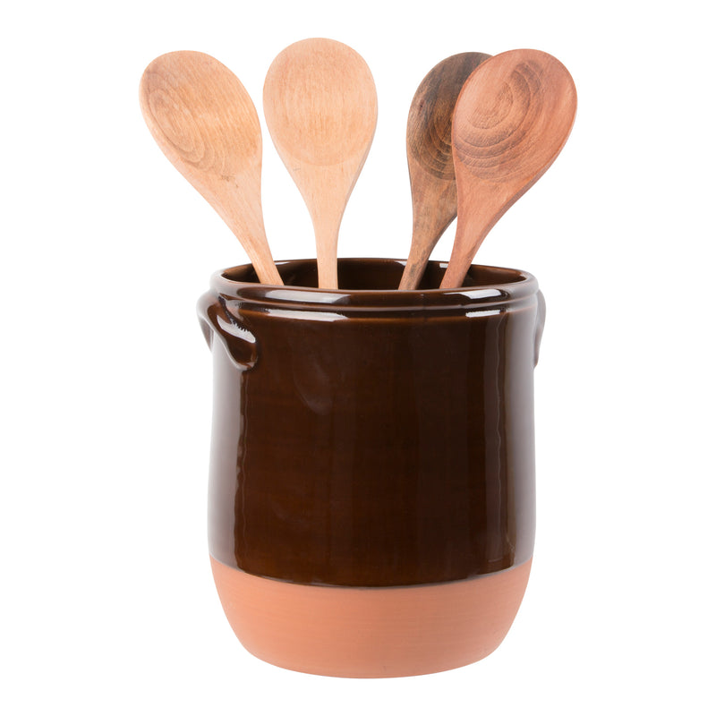 7.7"D TWO-HANDLE BROWN UTENSIL CROCK WITH NATURAL BOTTOM