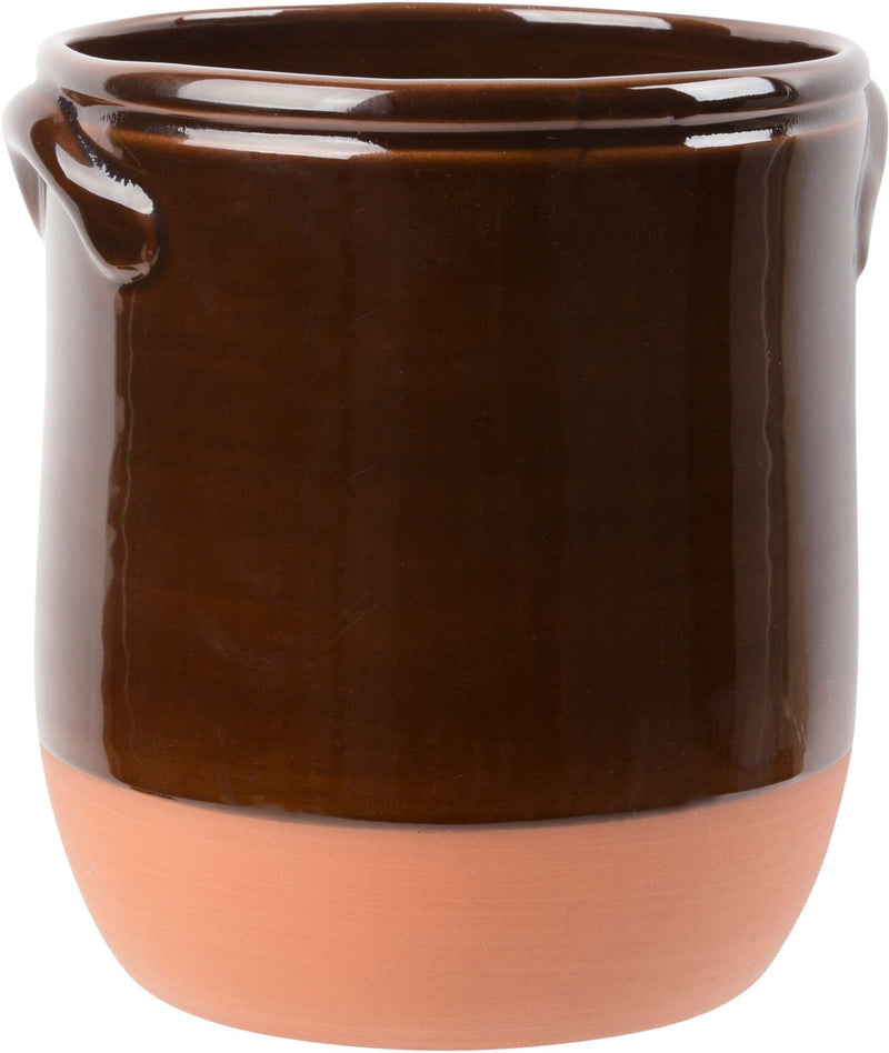 7.7"D TWO-HANDLE BROWN UTENSIL CROCK WITH NATURAL BOTTOM