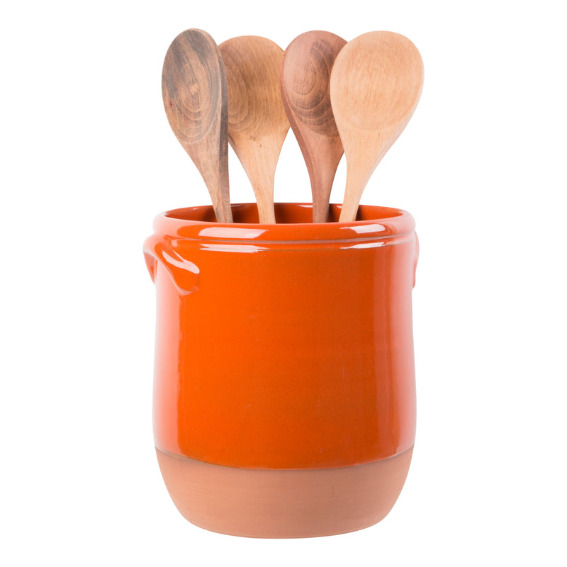 7.7"D TWO-HANDLE ORANGE UTENSIL CROCK WITH NATURAL BOTTOM