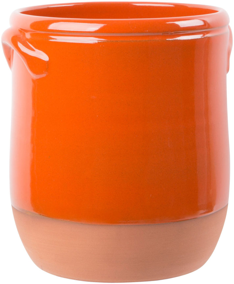 7.7"D TWO-HANDLE ORANGE UTENSIL CROCK WITH NATURAL BOTTOM