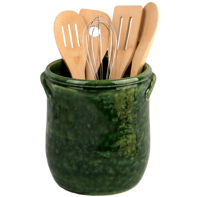 7.7"D TWO-HANDLE REACTIVE GREEN FULL COVERAGE UTENSIL CROCK